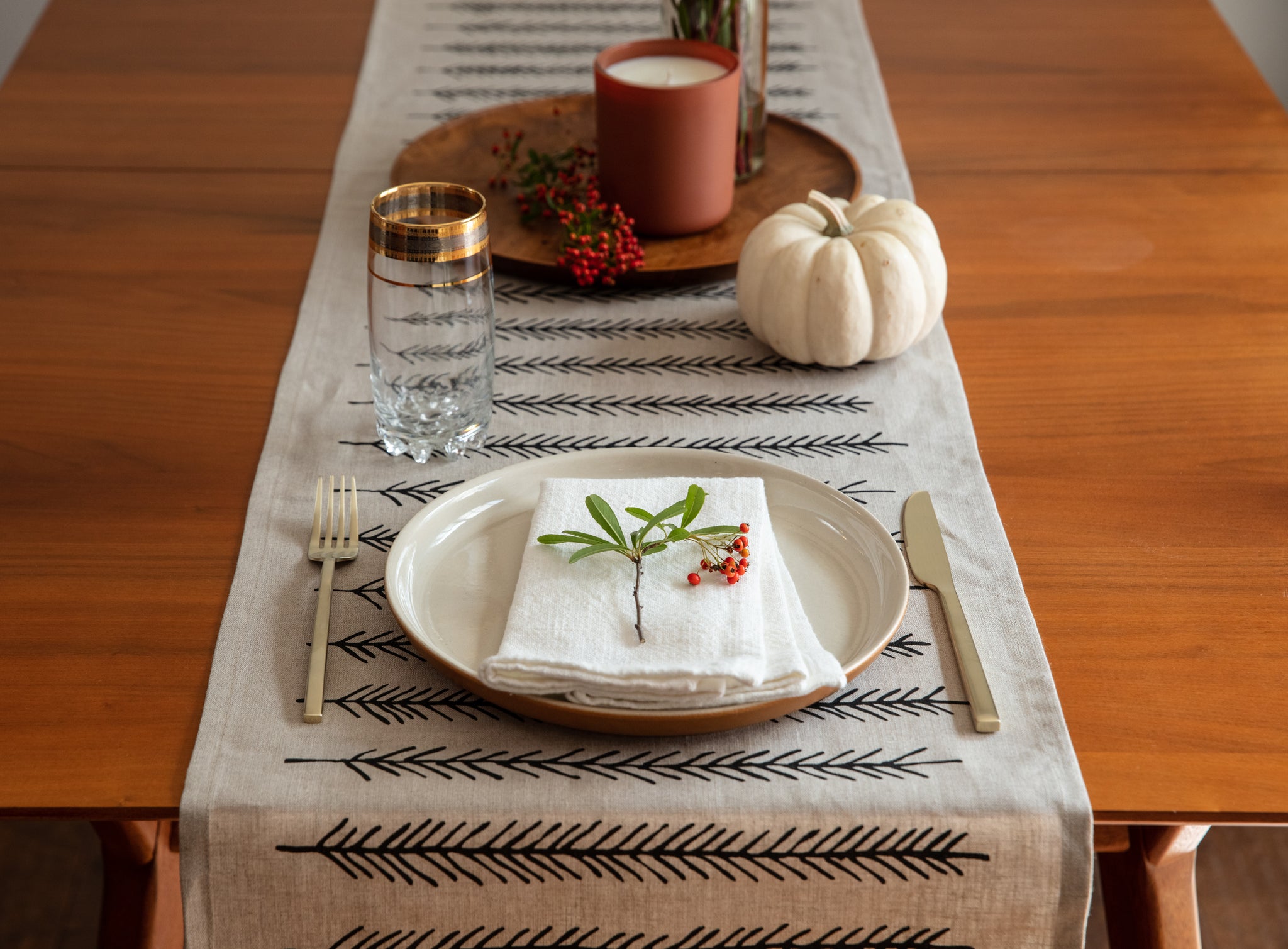 Natural Linen Black Feather Table Runner | Little Korboose
